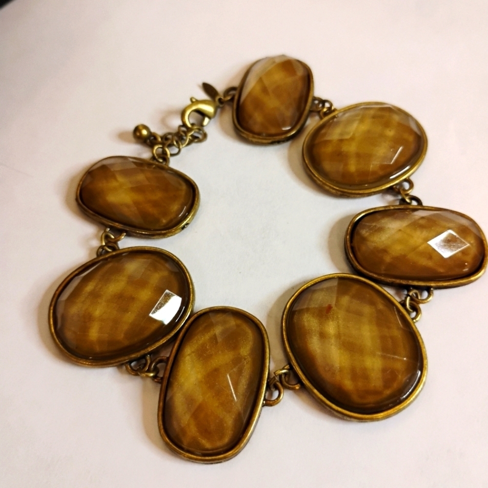 Vintage Gold Tone Signed Avon Multilayered Brown Tone Faceted Jeweled Bracelet